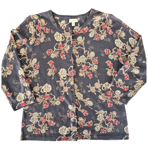 Garnet Hill Wool Cardigan Sweater Med Gray Red Floral Lightweight Layering Lux - Picture 1 of 11